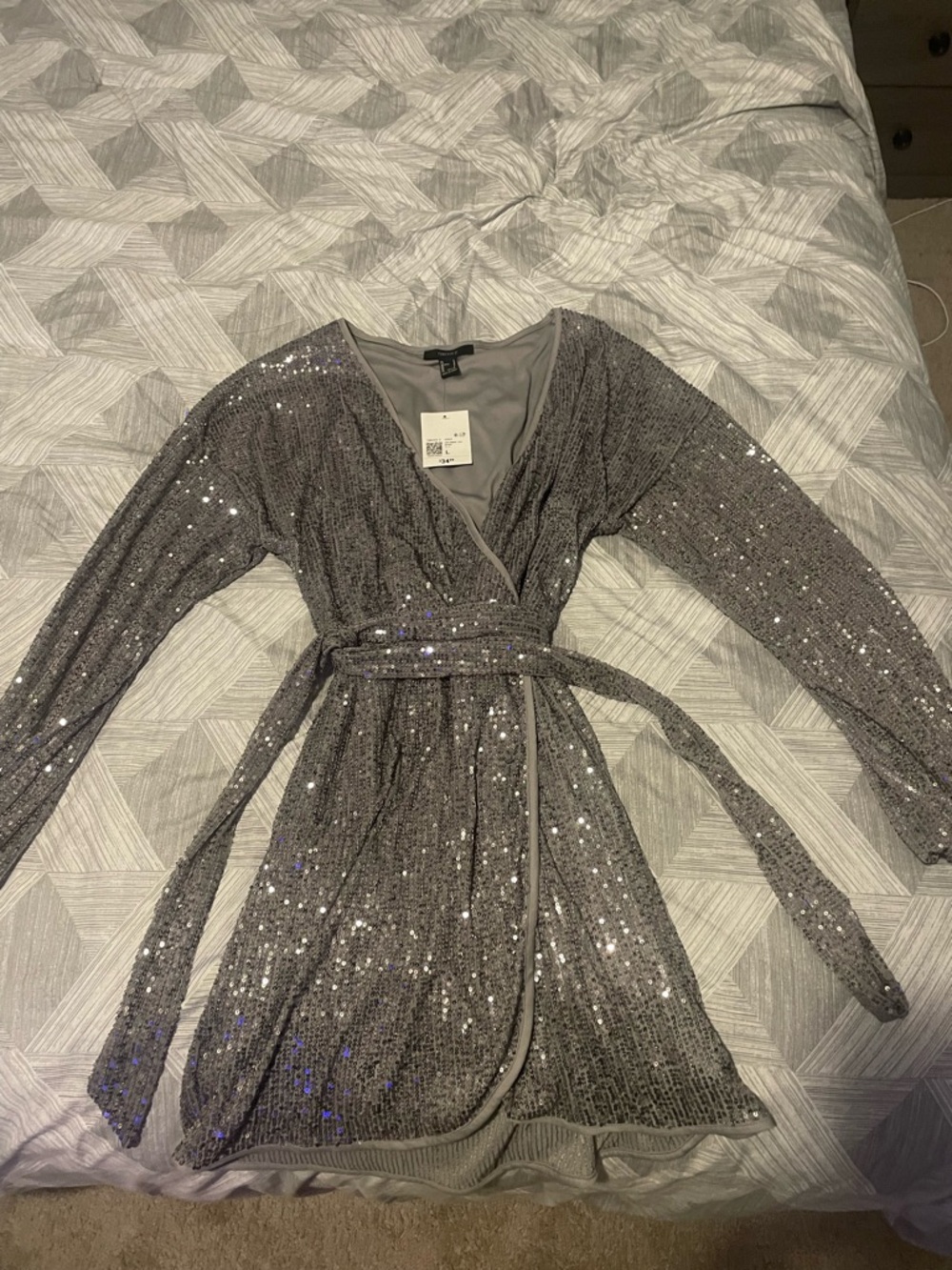 Forever 21 Silver Sequin Wrap Long-Sleeve Dress